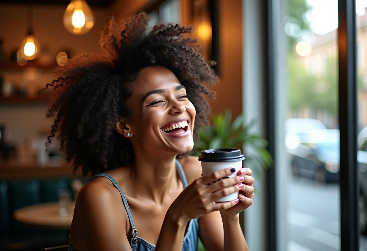 Mulher sorrindo em cafeteria com cachos definidos