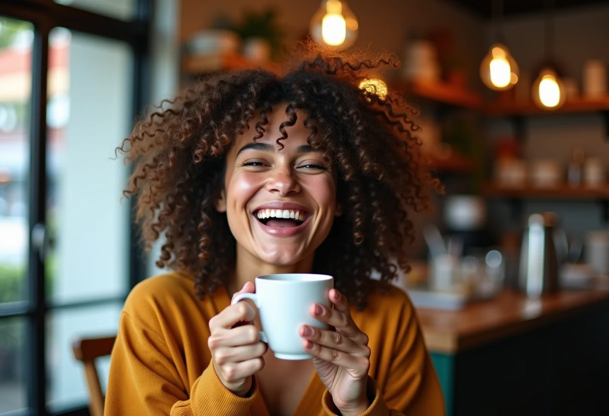 Mulher sorrindo em cafeteria com cachos definidos