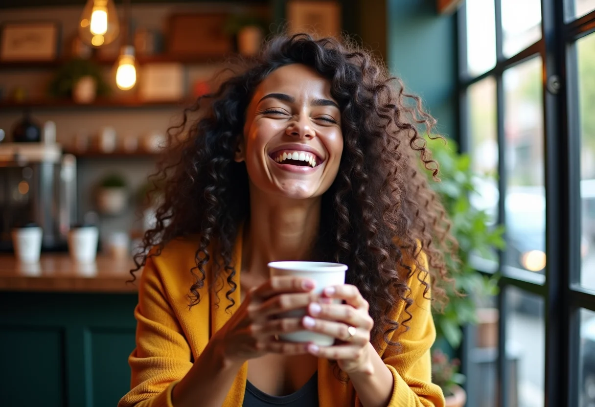 Mulher sorrindo em cafeteria com cachos longos e definidos
