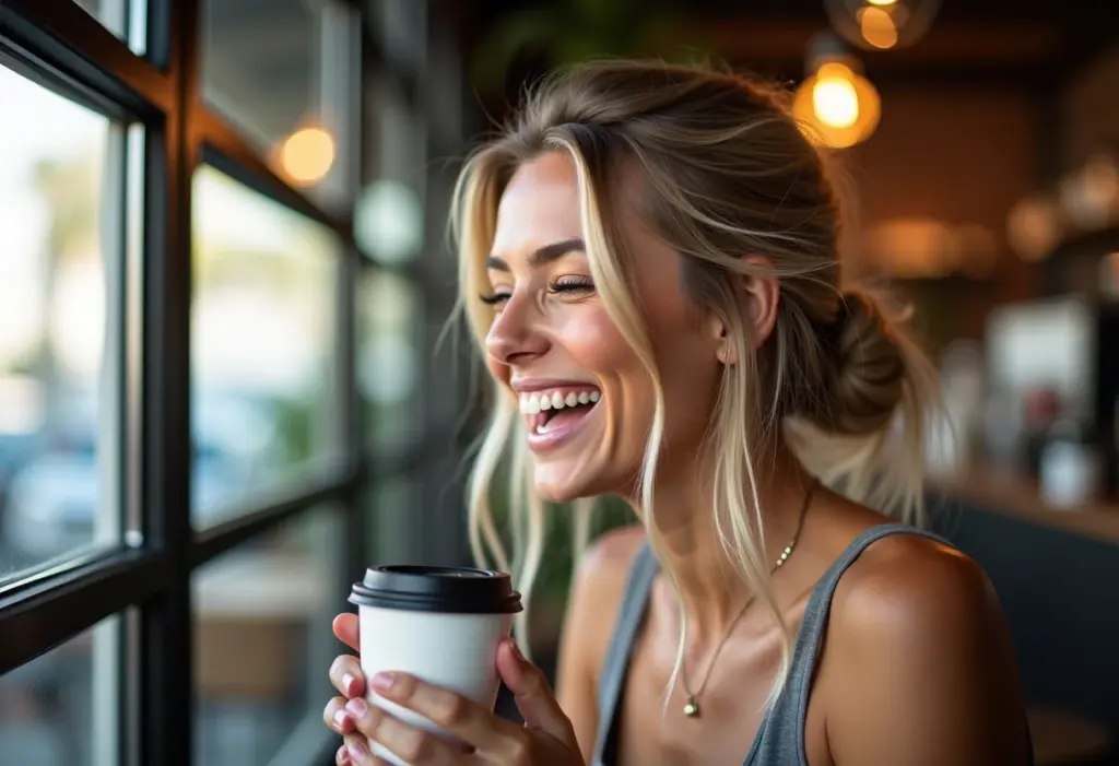 Mulher sorrindo em cafeteria com coque baixo