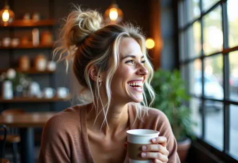 Mulher sorrindo em cafeteria com coque messy.
