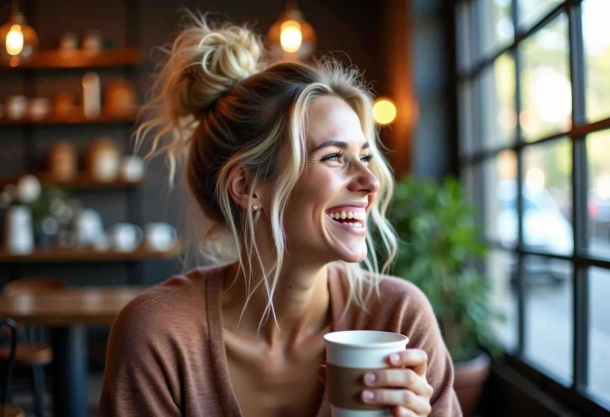 Mulher sorrindo em cafeteria com coque messy.