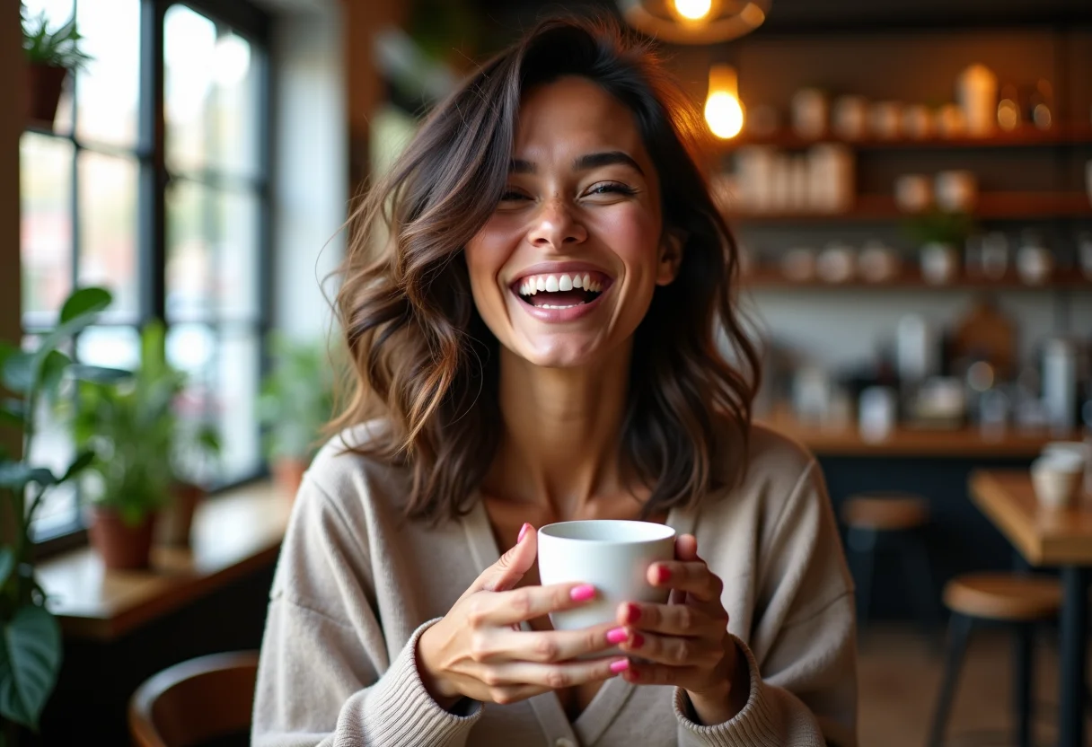 Mulher sorrindo em cafeteria com long bob
