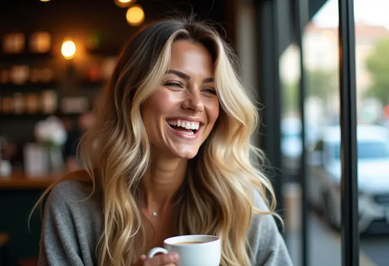 Mulher sorrindo em cafeteria com mechas californianas