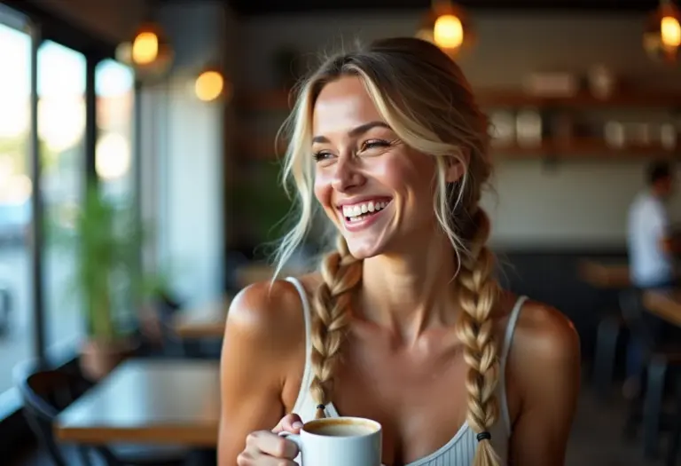 Mulher sorrindo em cafeteria com penteado bubble braids.
