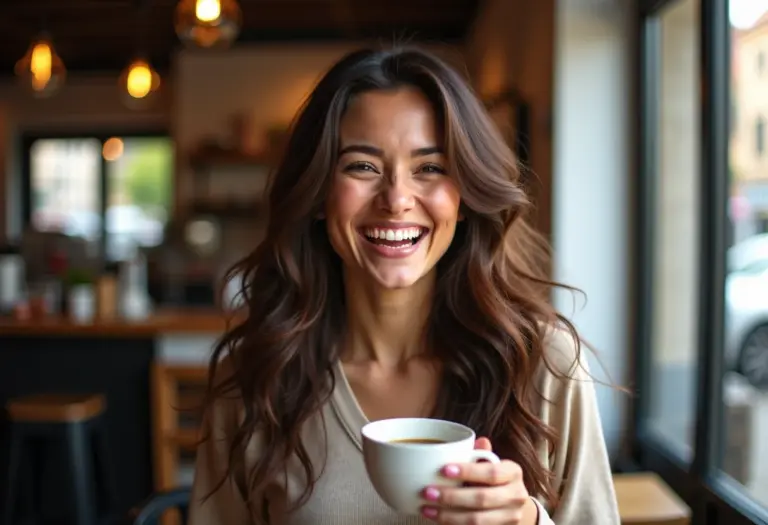 Mulher sorrindo em cafeteria com penteado fácil para formatura