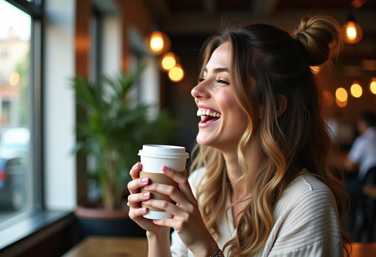 Mulher sorrindo em cafeteria com penteado half bun.