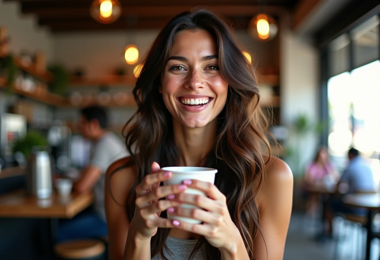 Mulher sorrindo em cafeteria com penteado impecável