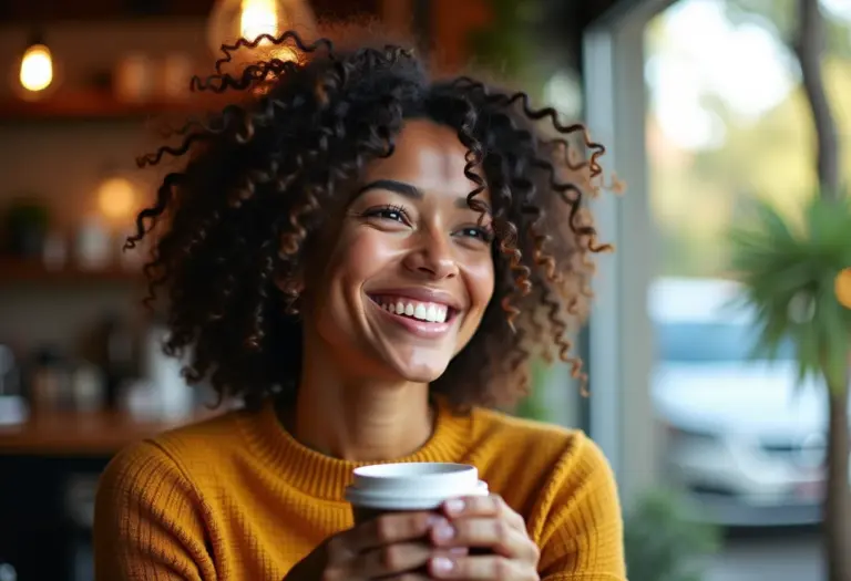 Mulher sorrindo em cafeteria com penteado retro waves