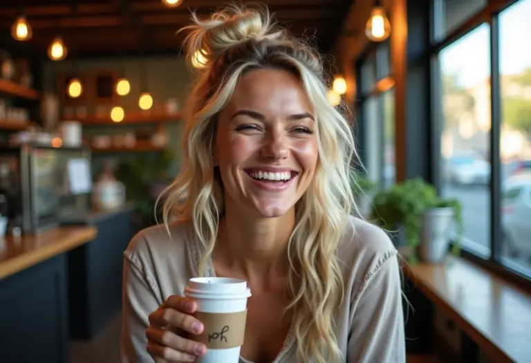 Mulher sorrindo em cafeteria com penteado semi preso