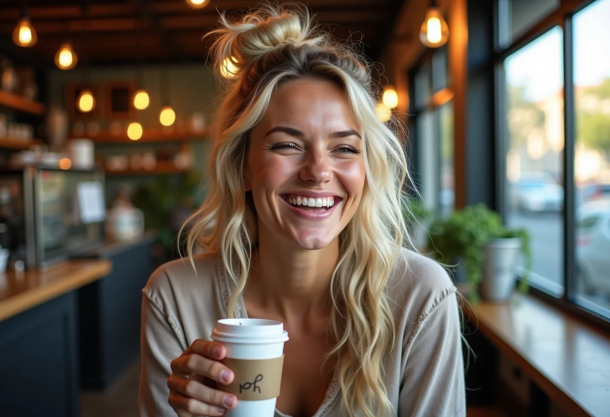 Mulher sorrindo em cafeteria com penteado semi preso