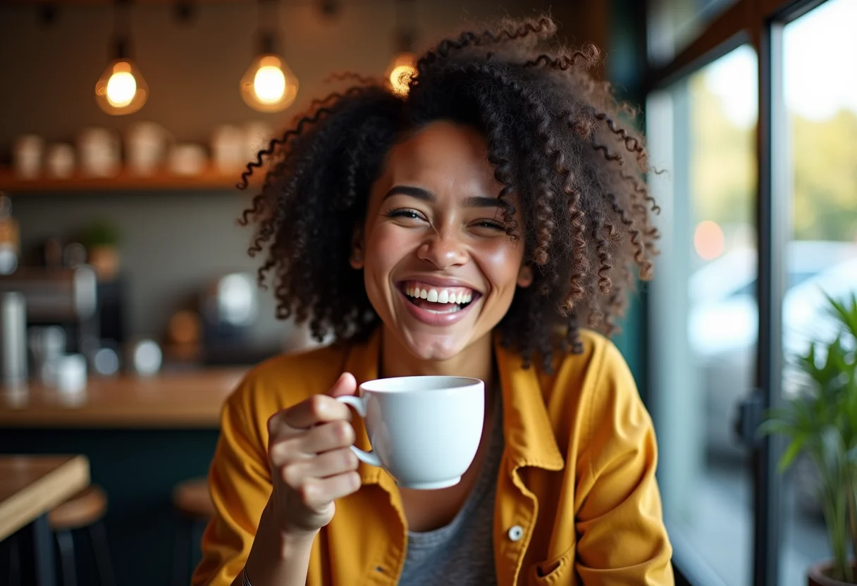 Mulher sorrindo em cafeteria com sidecut moderno