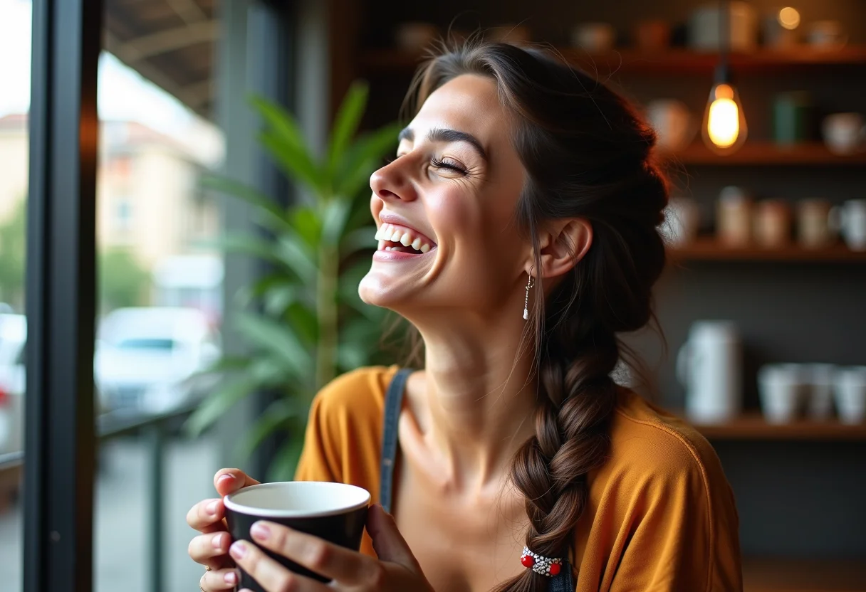 Mulher sorrindo em cafeteria com trança charmosa