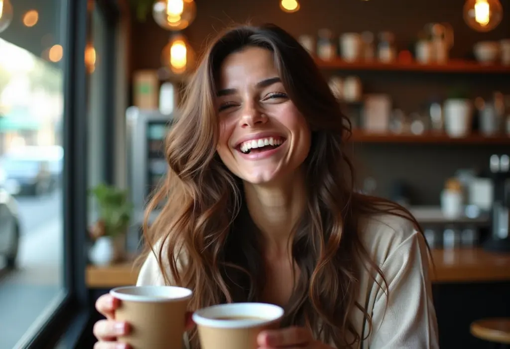 Máscara noturna capilar: O segredo para um cabelo impecável ao acordar Mulher sorrindo em cafeteria segurando café