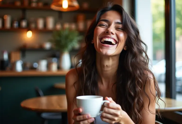 Mulher sorrindo em cafeteria, segurando xícara de café.