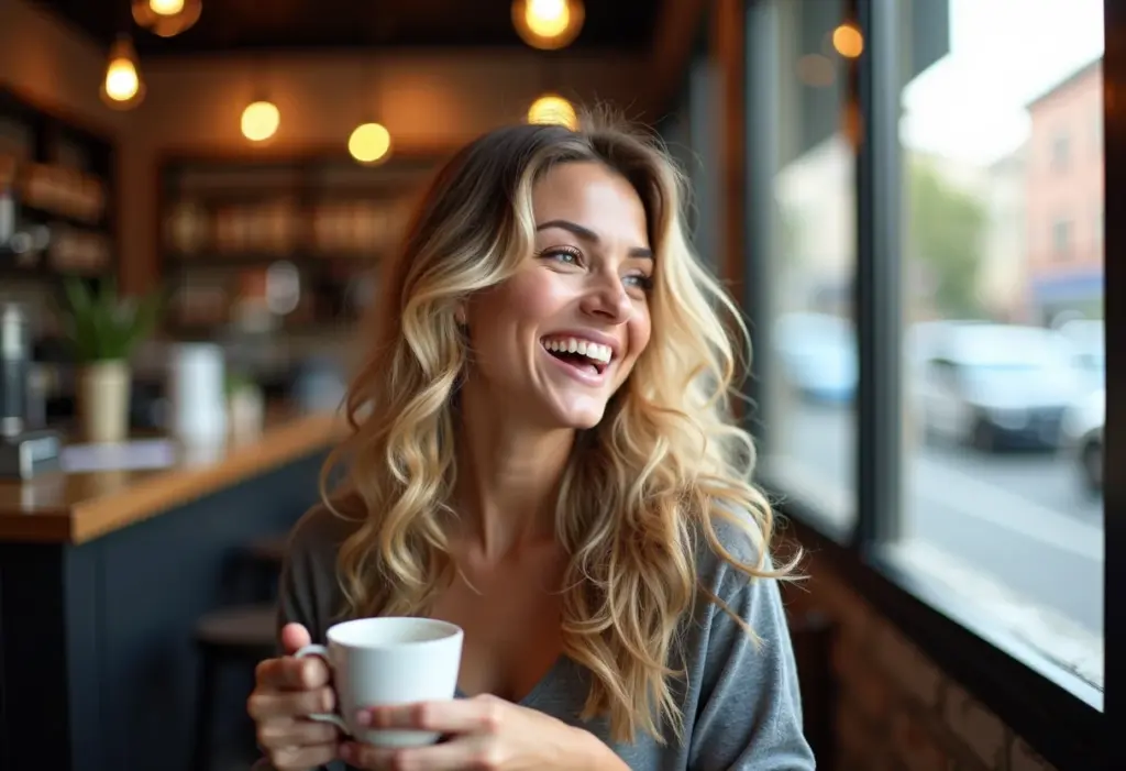 Mulher sorrindo em cafeteria segurando xícara de café
