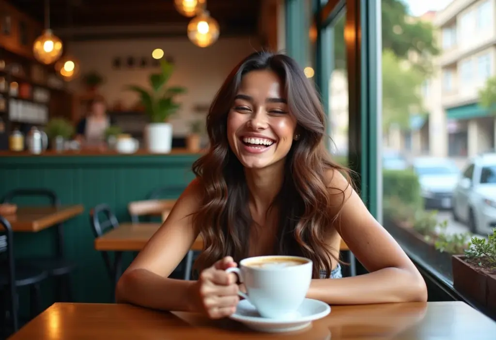 Mulher sorrindo em cafeteria, segurando xícara de café.