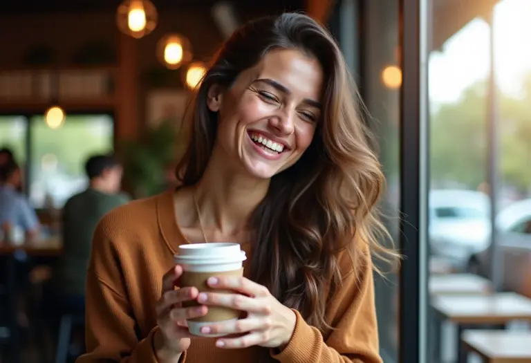 Mulher sorrindo espontaneamente em cafeteria charmosa com Casting Creme Gloss Castanho Natural.