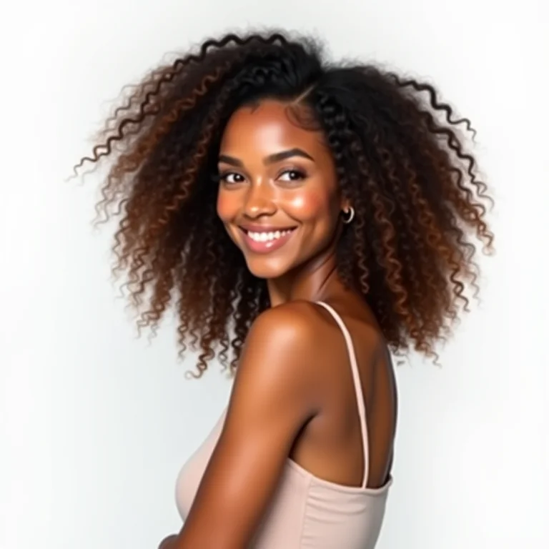 Mulher sorrindo mostrando cabelo cacheado saudável