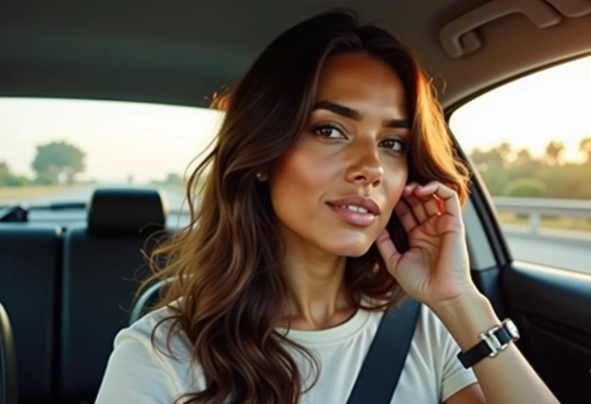 Mulher sorrindo no carro, ajustando o cabelo no espelho retrovisor.