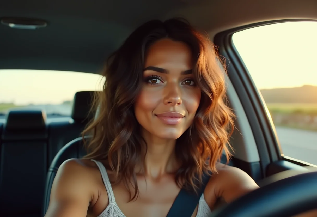 Mulher sorrindo no carro após reconstrução capilar caseira