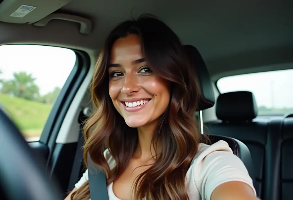 Mulher sorrindo no carro após retocar a raiz do cabelo em casa