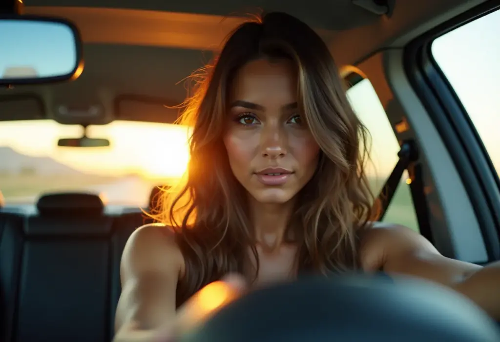 Mulher sorrindo no carro após tratamento capilar