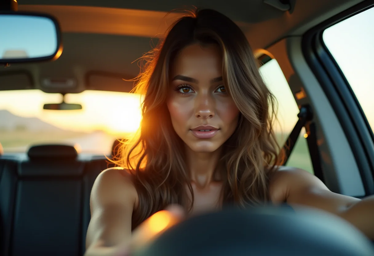 Mulher sorrindo no carro após tratamento capilar