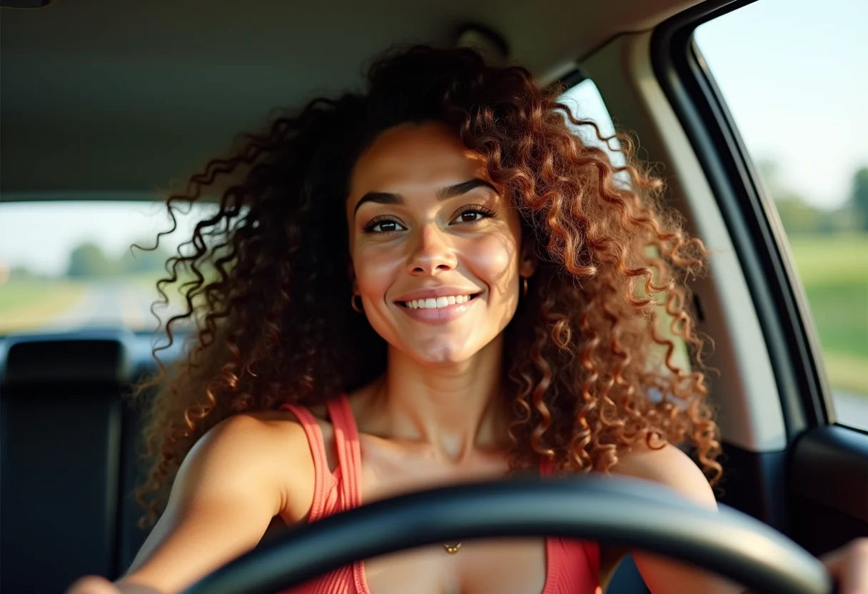 Mulher sorrindo no carro após usar a técnica de plopping para definir os cachos.