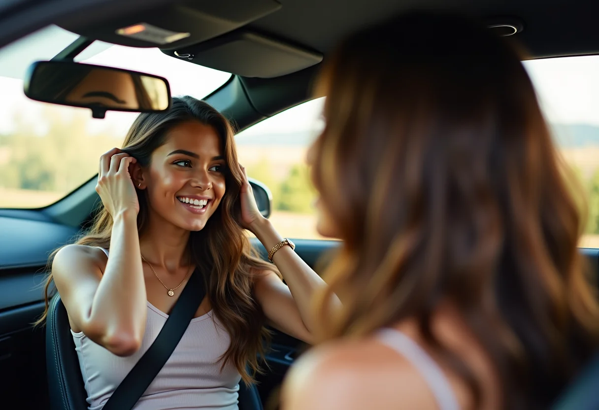 Mulher sorrindo no carro após usar creme sem enxágue.