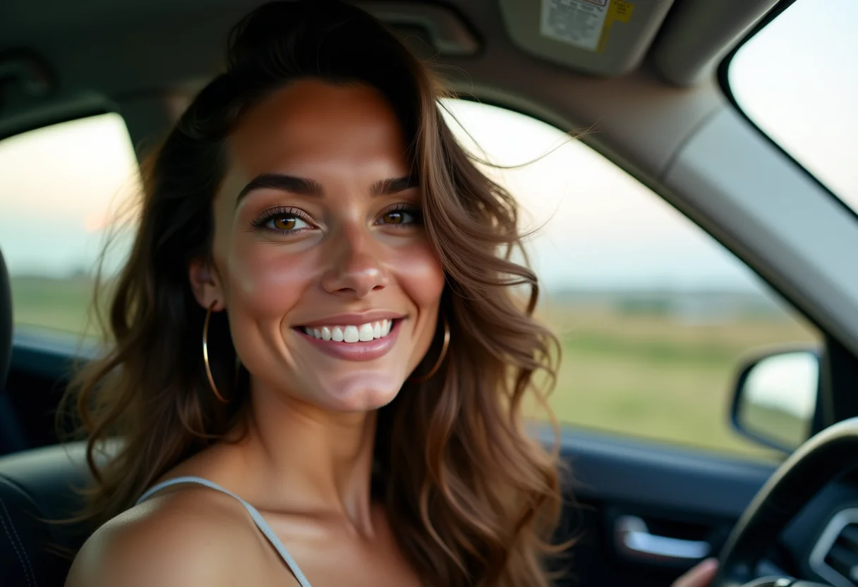 Mulher sorrindo no carro após usar máscara de mel no cabelo