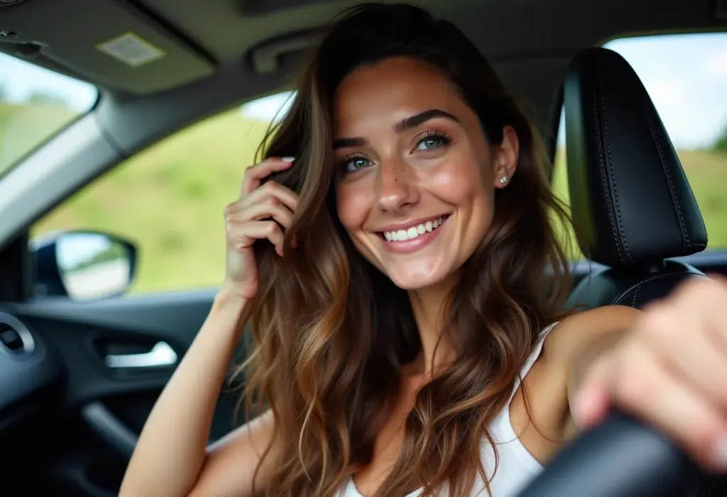Mulher sorrindo no carro checando o cabelo no espelho retrovisor