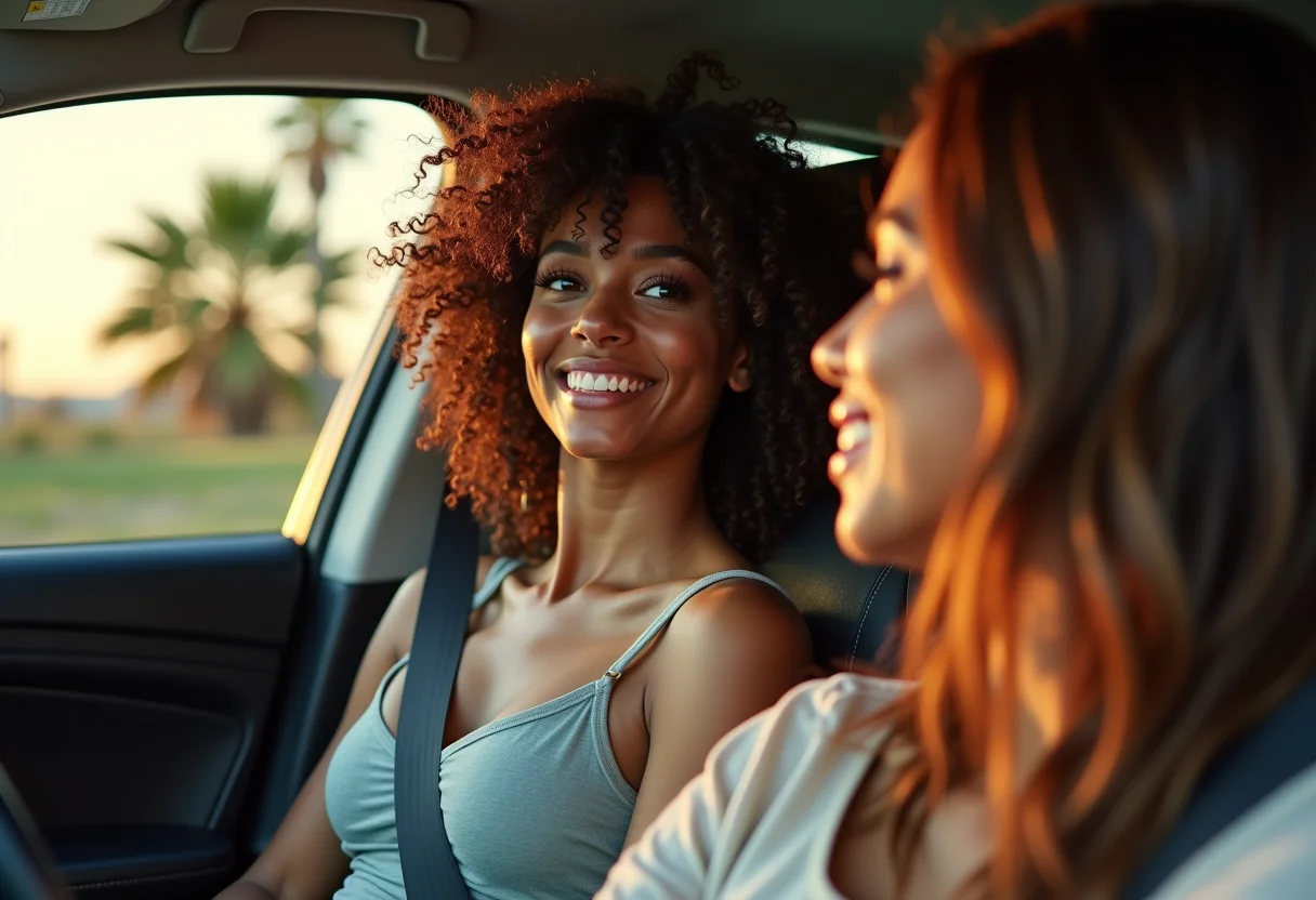 Mulher sorrindo no carro checando os cachos