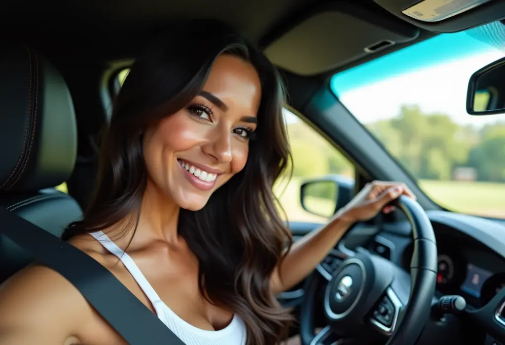 Brilho espelhado instantâneo: O poder do creme para pentear Elseve Glycolic Gloss Mulher sorrindo no carro com cabelo brilhante