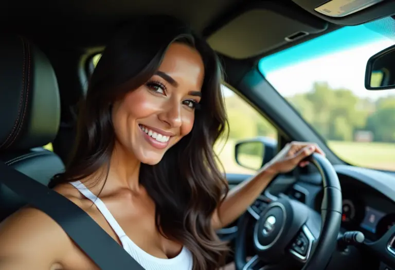 Mulher sorrindo no carro com cabelo brilhante