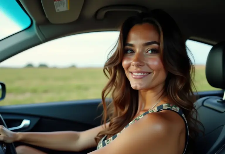 Mulher sorrindo no carro com cabelo impecável