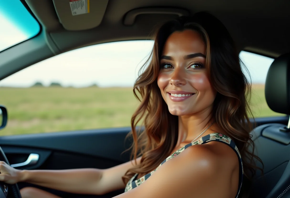 Mulher sorrindo no carro com cabelo impecável