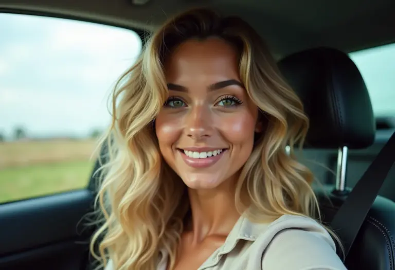 Mulher sorrindo no carro com cabelo ondulado e babosa