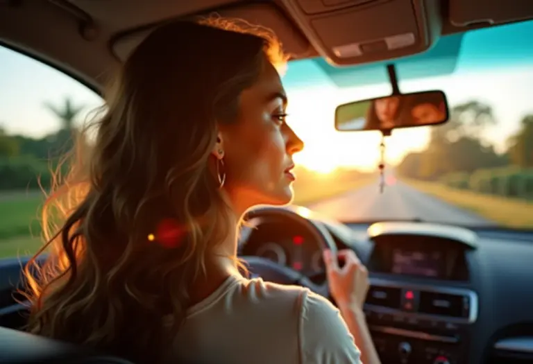 Mulher sorrindo no carro com cabelo volumoso
