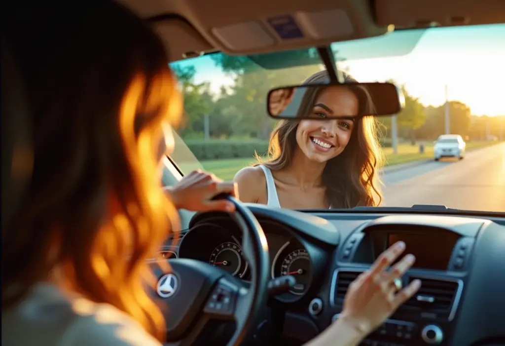 Mulher sorrindo no carro, conferindo o brilho do cabelo no espelho retrovisor.