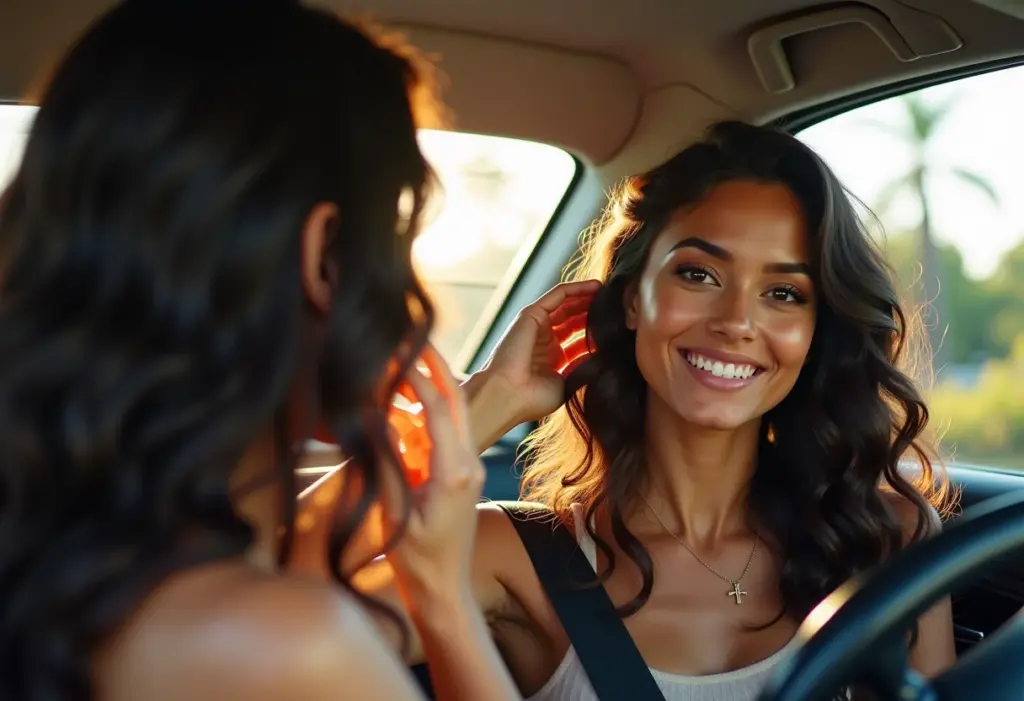 Mulher sorrindo no carro, conferindo o cabelo