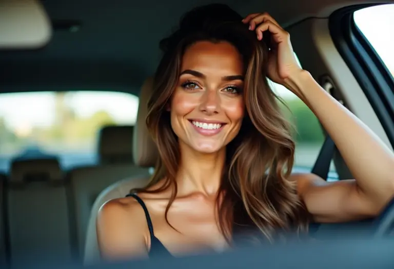 Mulher sorrindo no carro conferindo o cabelo