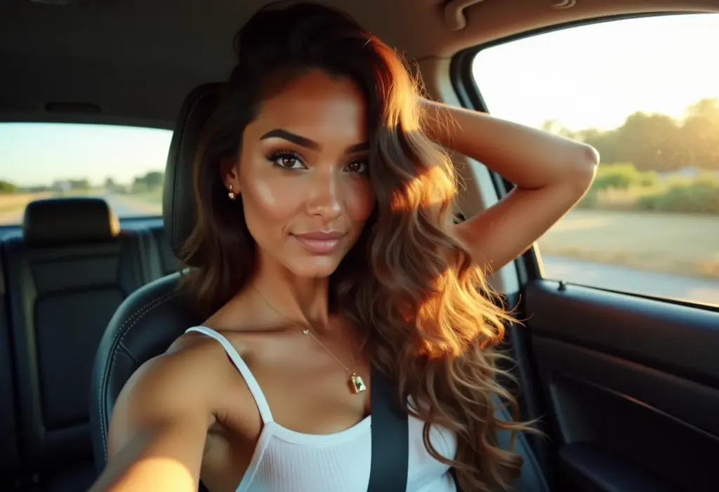 Mulher sorrindo no carro conferindo o cabelo brilhante após tratamento com azeite