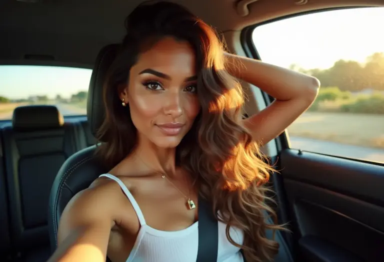 Mulher sorrindo no carro conferindo o cabelo brilhante após tratamento com azeite