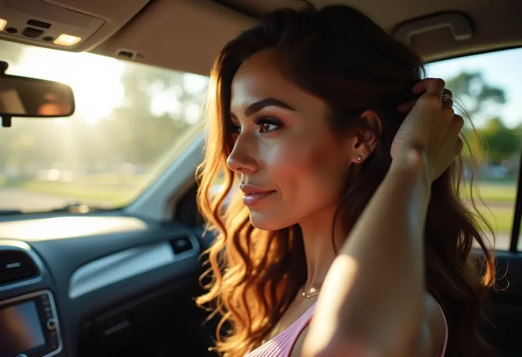 Mulher sorrindo no carro, conferindo o cabelo impecável no espelho retrovisor.