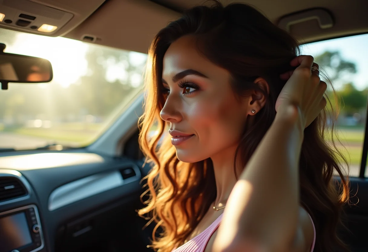Mulher sorrindo no carro, conferindo o cabelo impecável no espelho retrovisor.