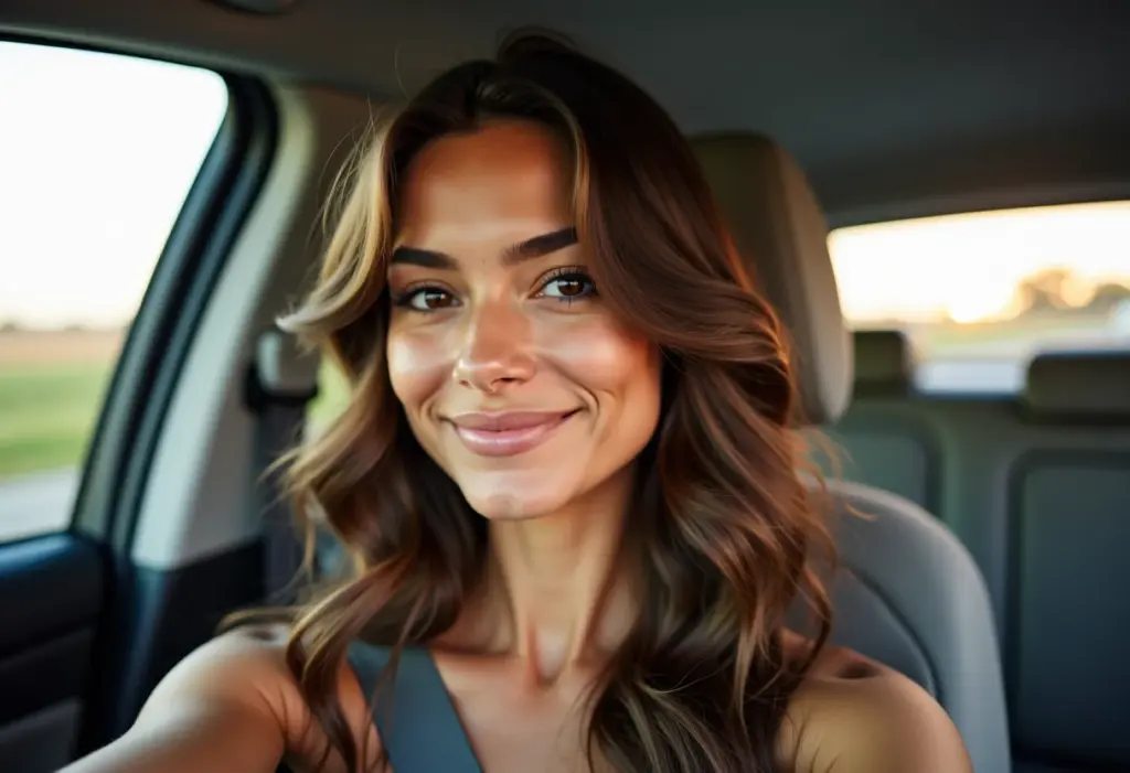 Mulher sorrindo no carro, conferindo o cabelo no espelho retrovisor.
