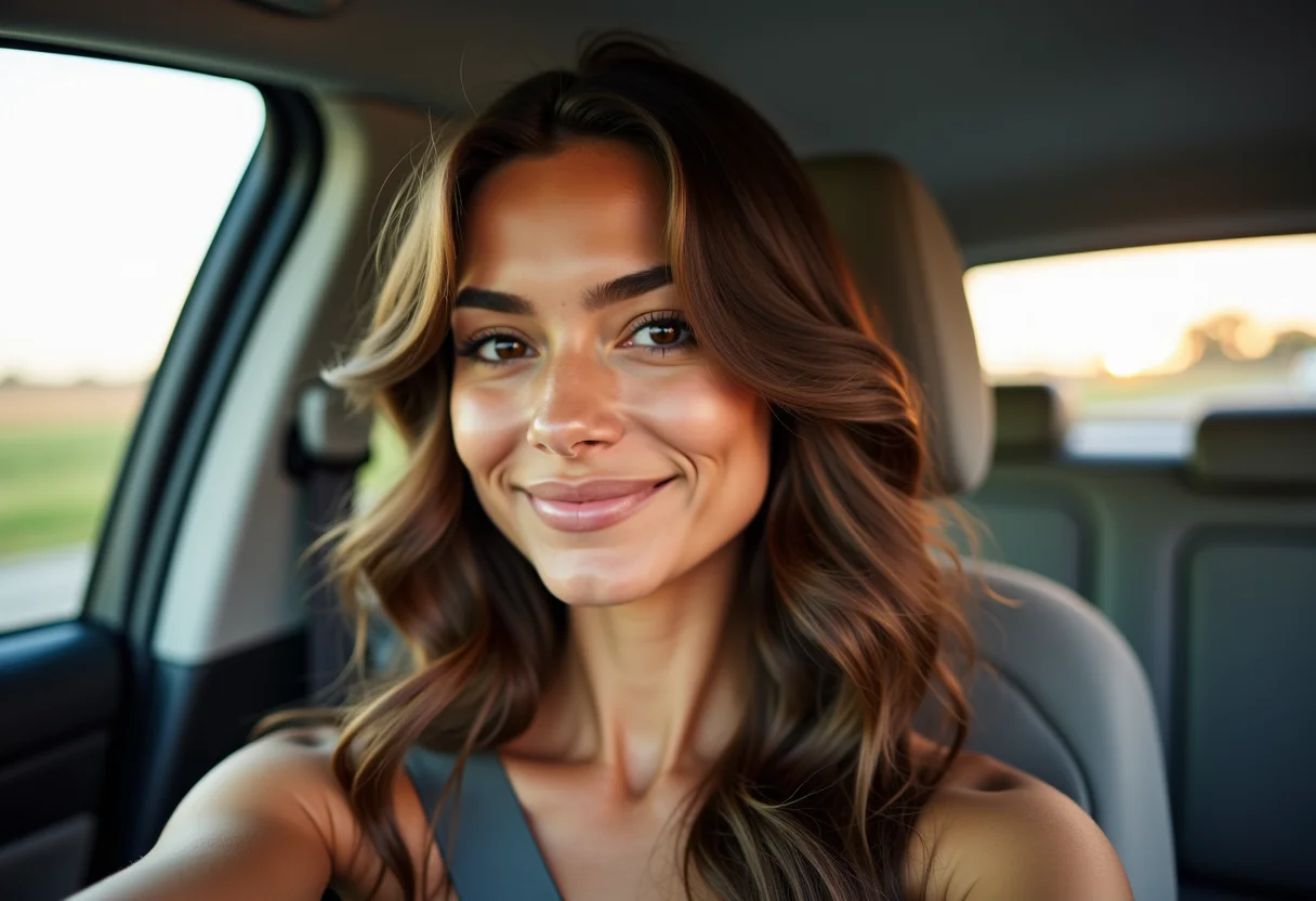 Mulher sorrindo no carro, conferindo o cabelo no espelho retrovisor.
