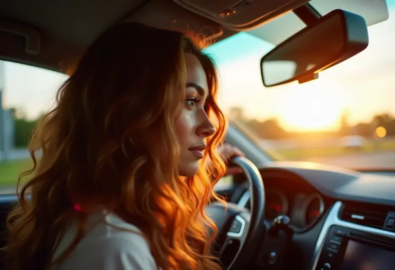 Mulher sorrindo no carro, conferindo o cabelo no espelho retrovisor.