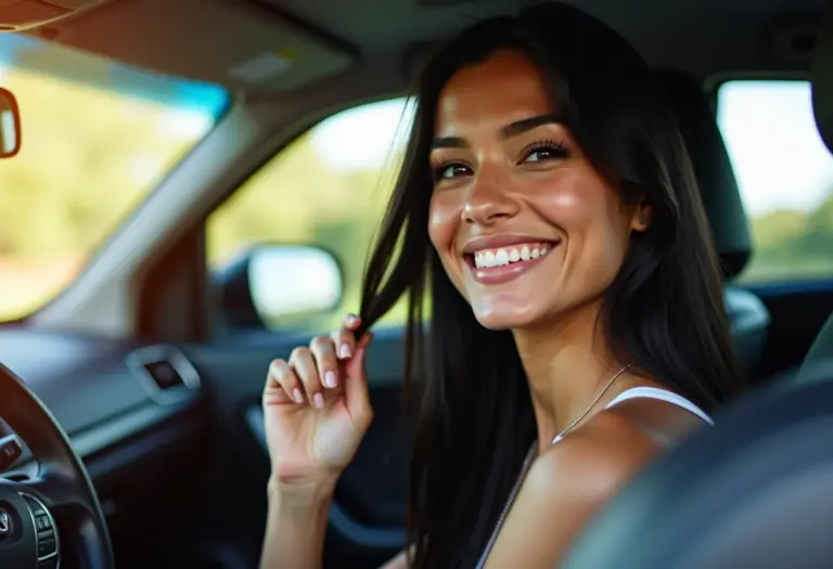 Mulher sorrindo no carro, conferindo o cabelo no espelho retrovisor.